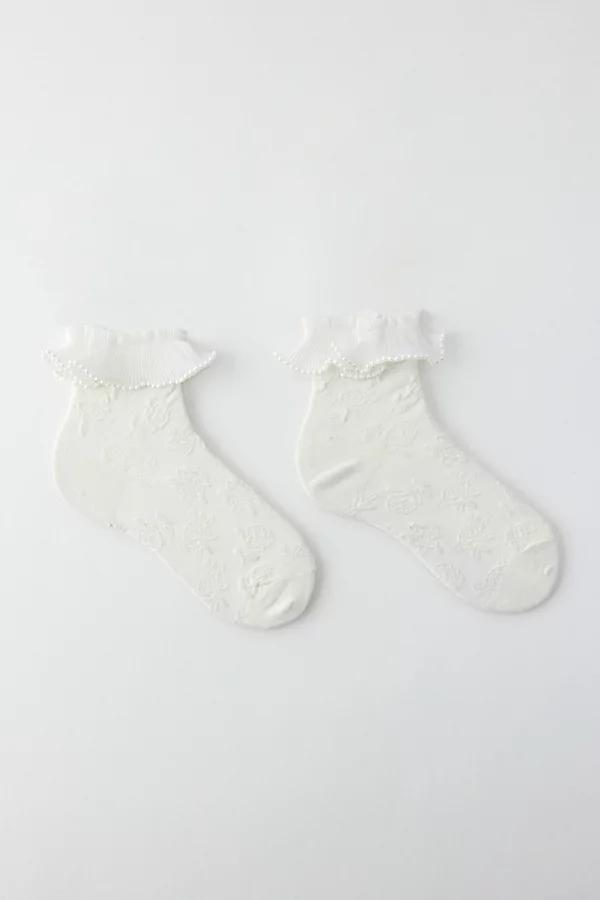 Pearl Ruffle Lace Crew Sock Womens at Urban Outfitters Product Image