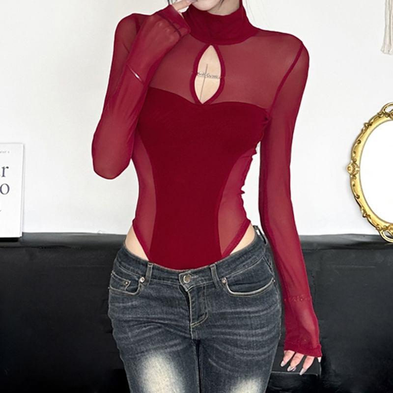 Long-Sleeve Mock Neck Cutout Plain Bodysuit Top Product Image