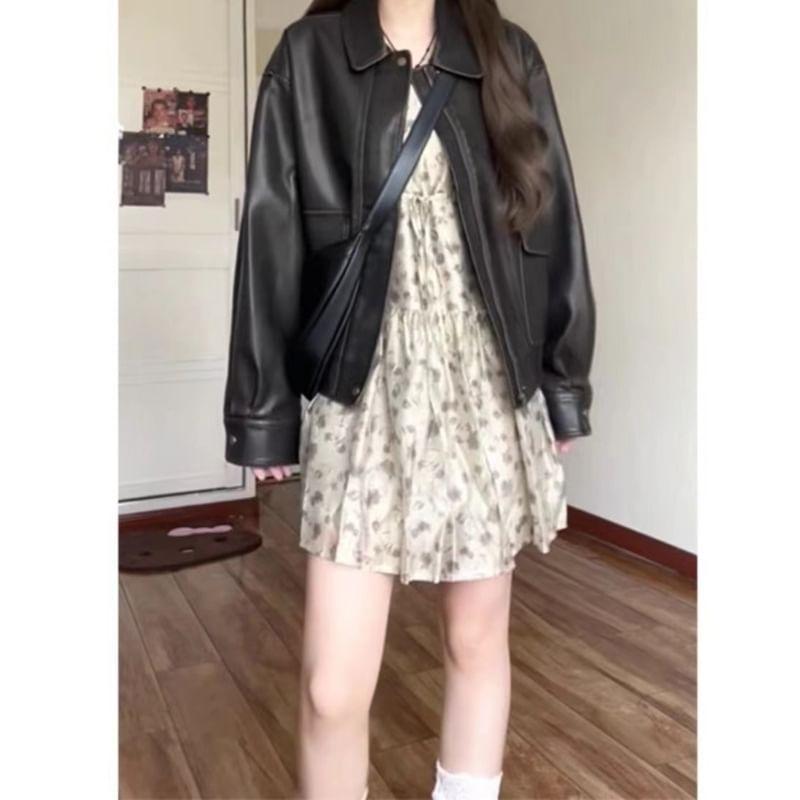 Puff-Sleeve Floral Print Mini A-Line Dress / Faux Leather Zip Jacket Product Image