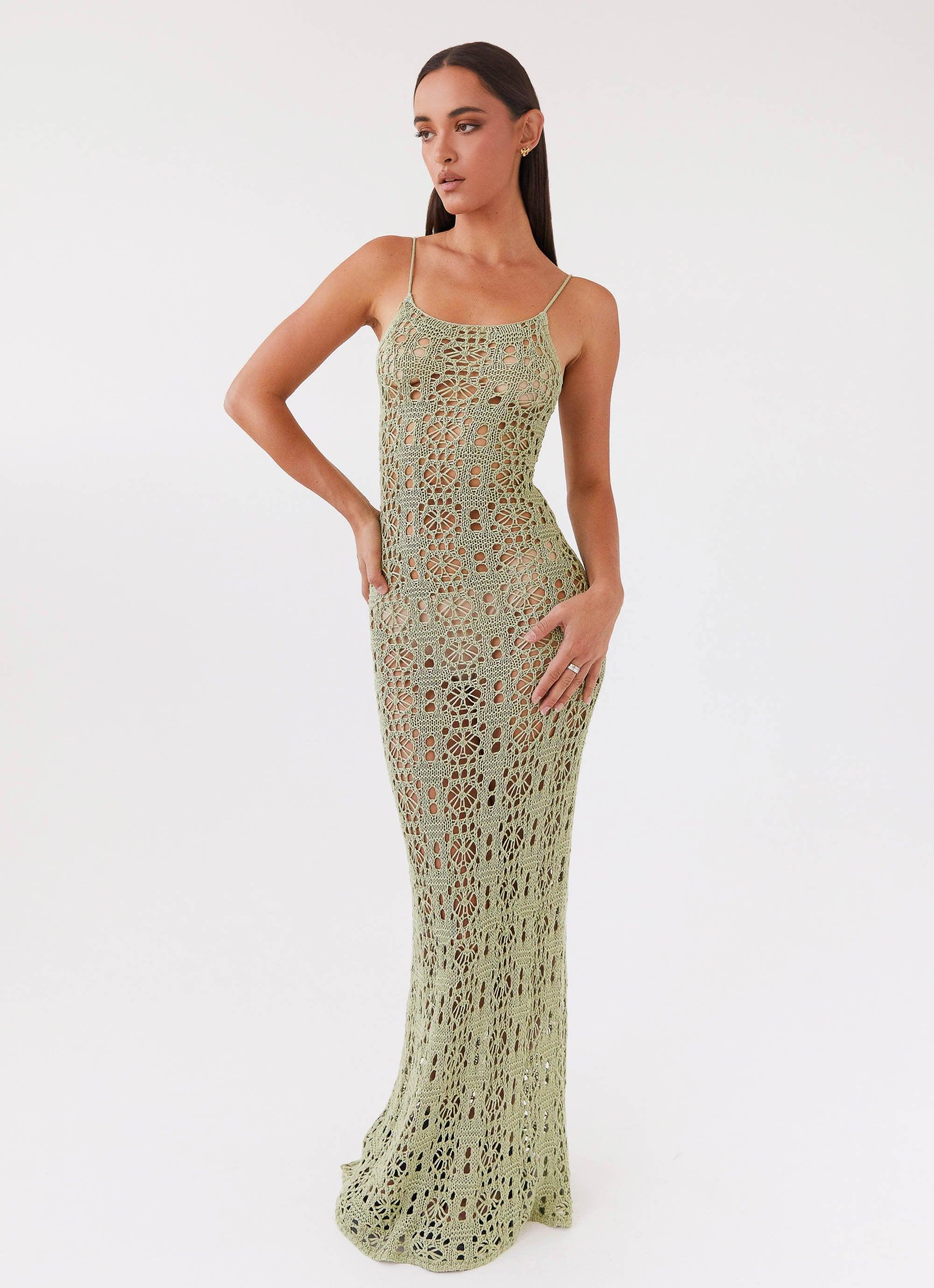 Luxora Crochet Maxi Cami Dress - Light Olive Product Image