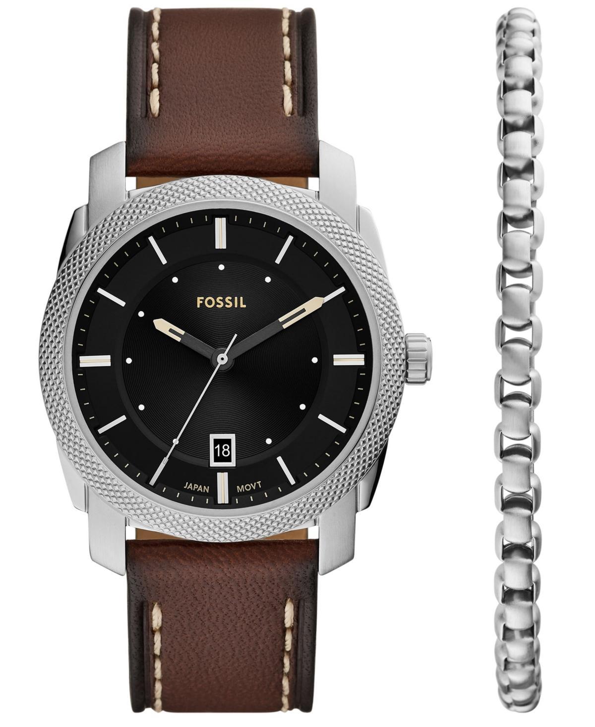 Fossil Mens Machine Three-Hand Date Brown Leather Watch and Bracelet Set, 42mm - Brown Product Image