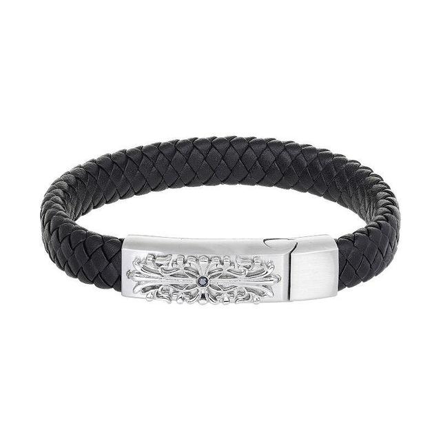 Mens LYNX Stainless Steel Black Diamond Accent Braided Leather Bracelet Product Image