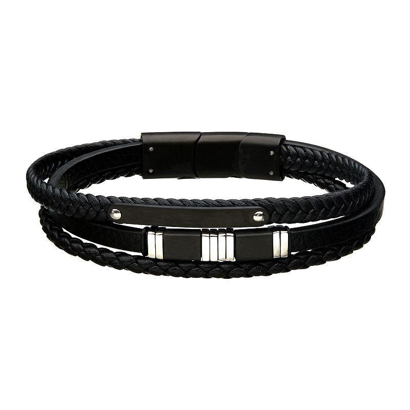 Mens Stainless Steel Bar & Black Leather Multistrand Bracelet Product Image