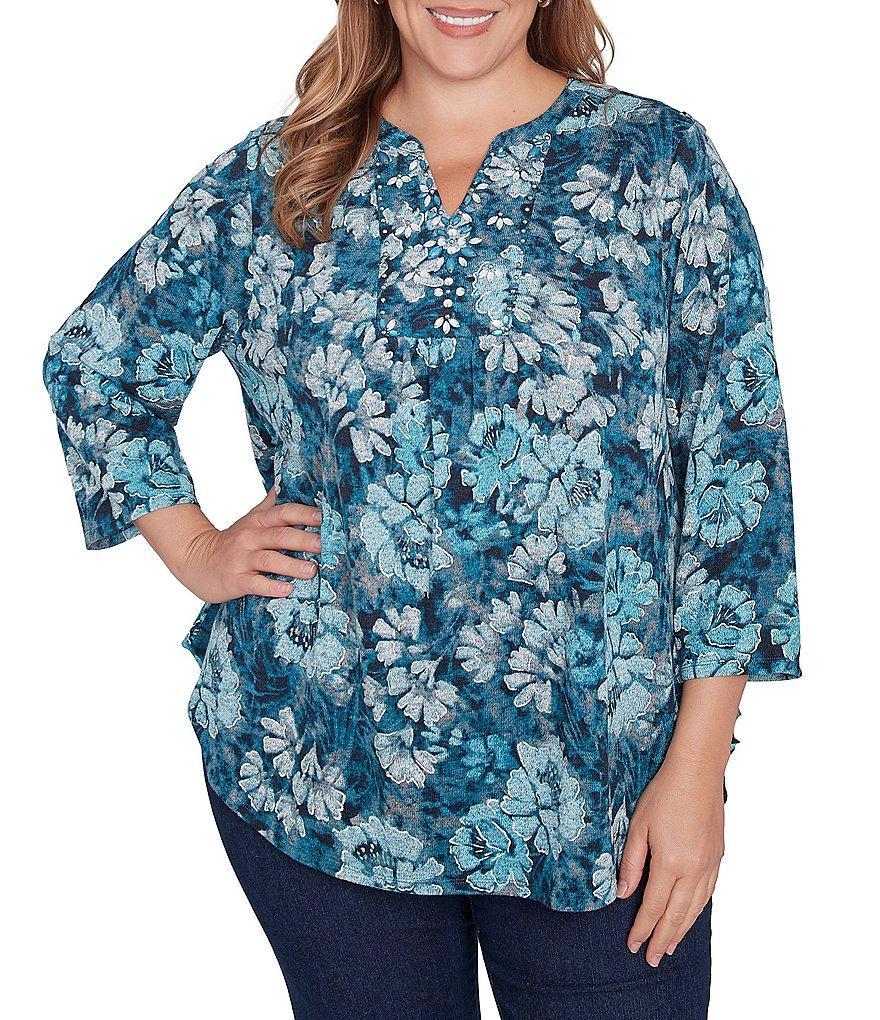 Ruby Rd. Plus Size Knit Embellished Bib Wintery Blues Floral Banded Collar 3/4 Sleeve Top Product Image