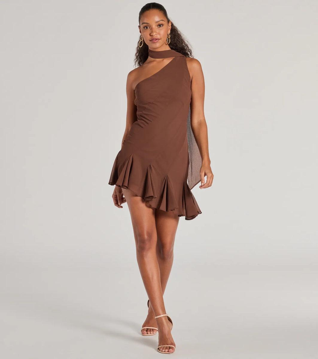 Sleek And Elevated Chiffon Scarf Neck Mini Dress Product Image