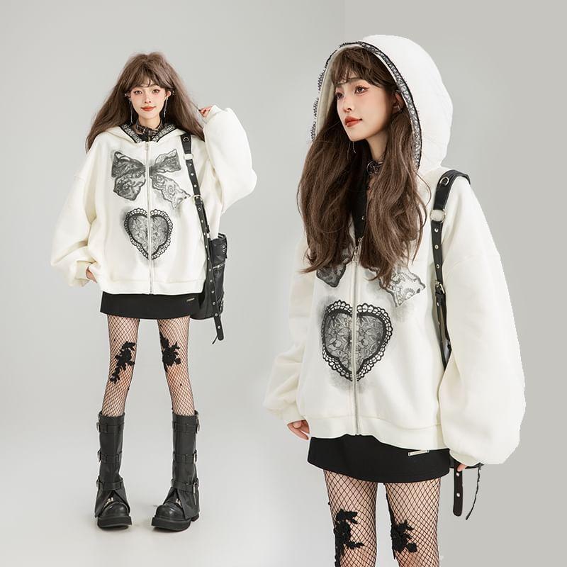 Drop Shoulder Bow Print Oversized Zip Hoodie / Mid Waist Fringe Midi A-Line Skirt Product Image