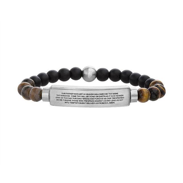 1913 Mens Tiger Eye & Glass Beads Stretch Bracelet with Stainless Steel Lords Prayer Plate Product Image