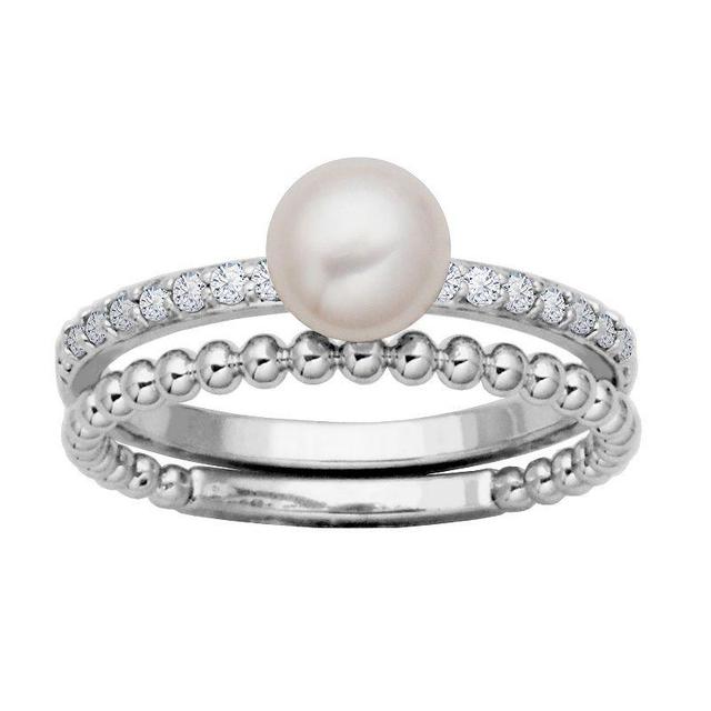 Sterling Silver Genuine Cultured Pearl & Cubic Zirconia Beaded Ring Set, Womens Product Image