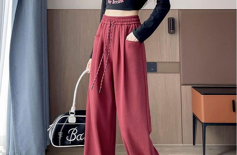 Drawstring Waist Plain Wide Leg Sweatpants Product Image