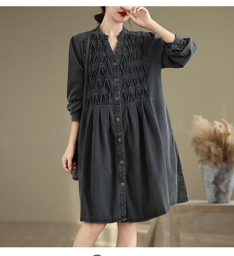 Long Sleeve Stand Collar Loose Denim Shirt Dress Product Image