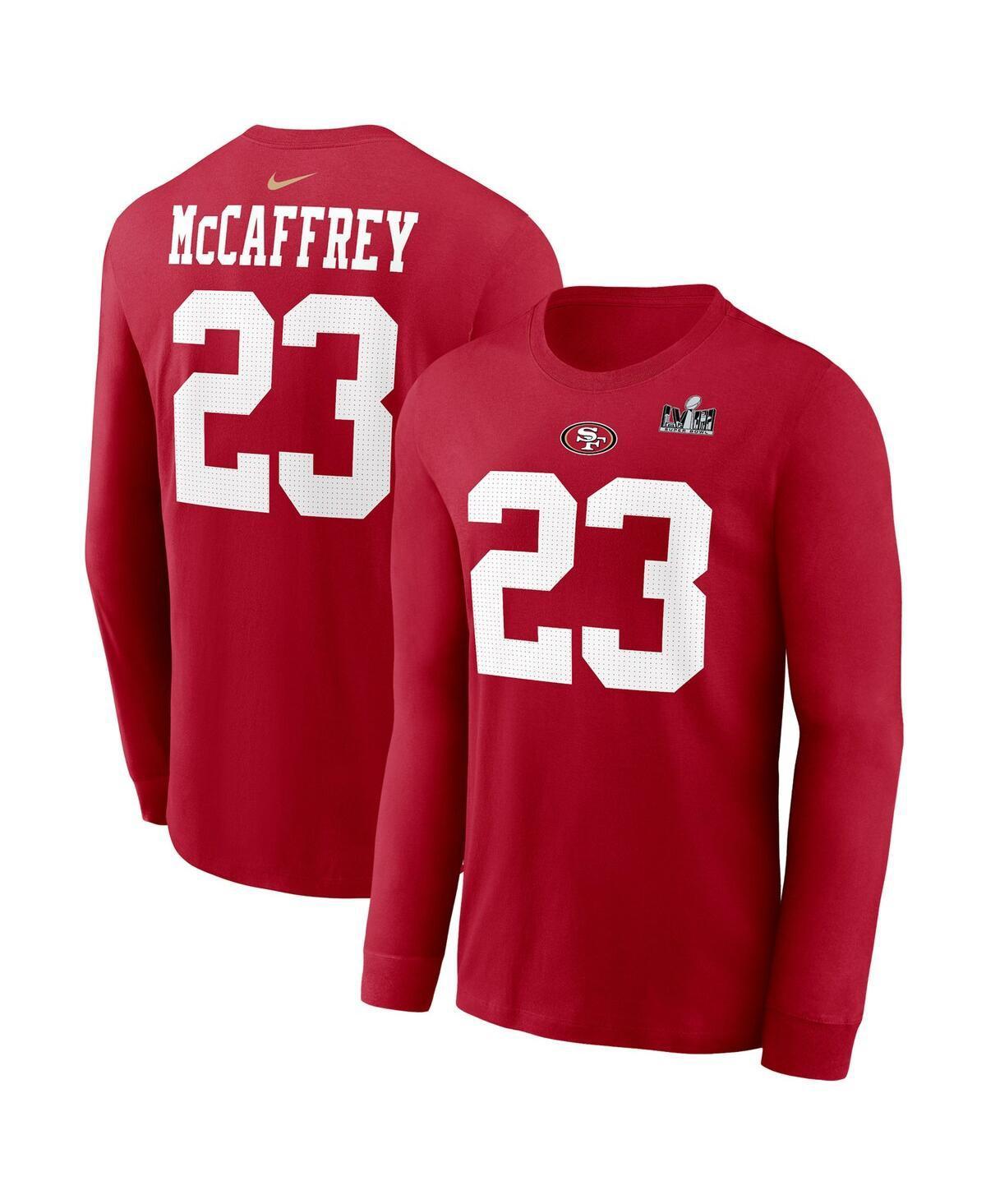 Mens Nike Christian McCaffrey Scarlet San Francisco 49ers Super Bowl LVIII Patch Player Name & Number Long Sleeve T-Shirt Product Image