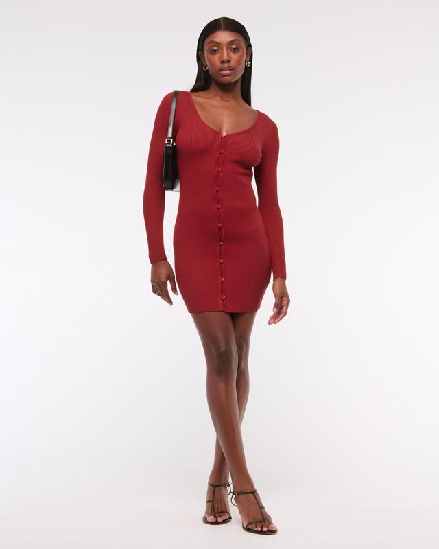 Long-Sleeve Deep-V Mini Sweater Dress Product Image