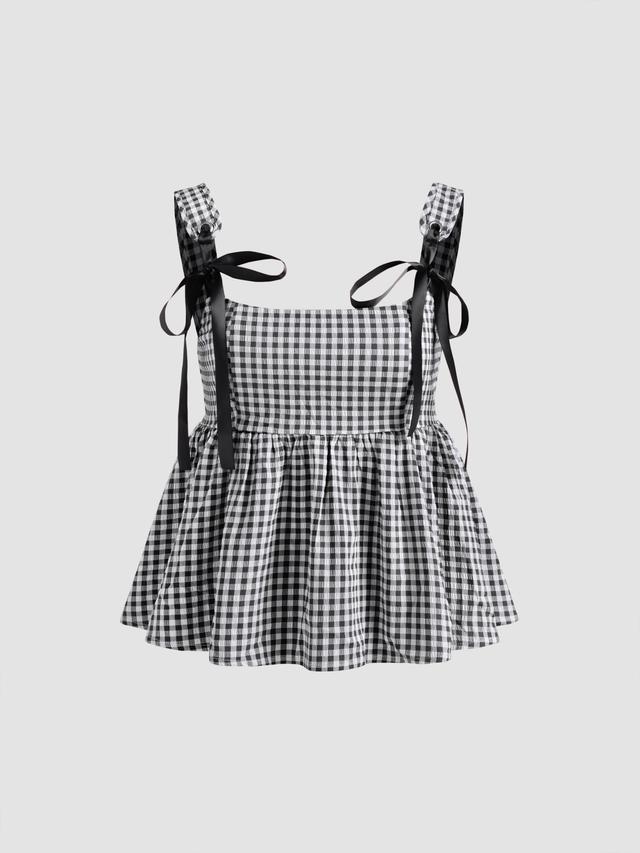 Scoop Neckline Gingham Knotted Ruffle Tank Top Product Image