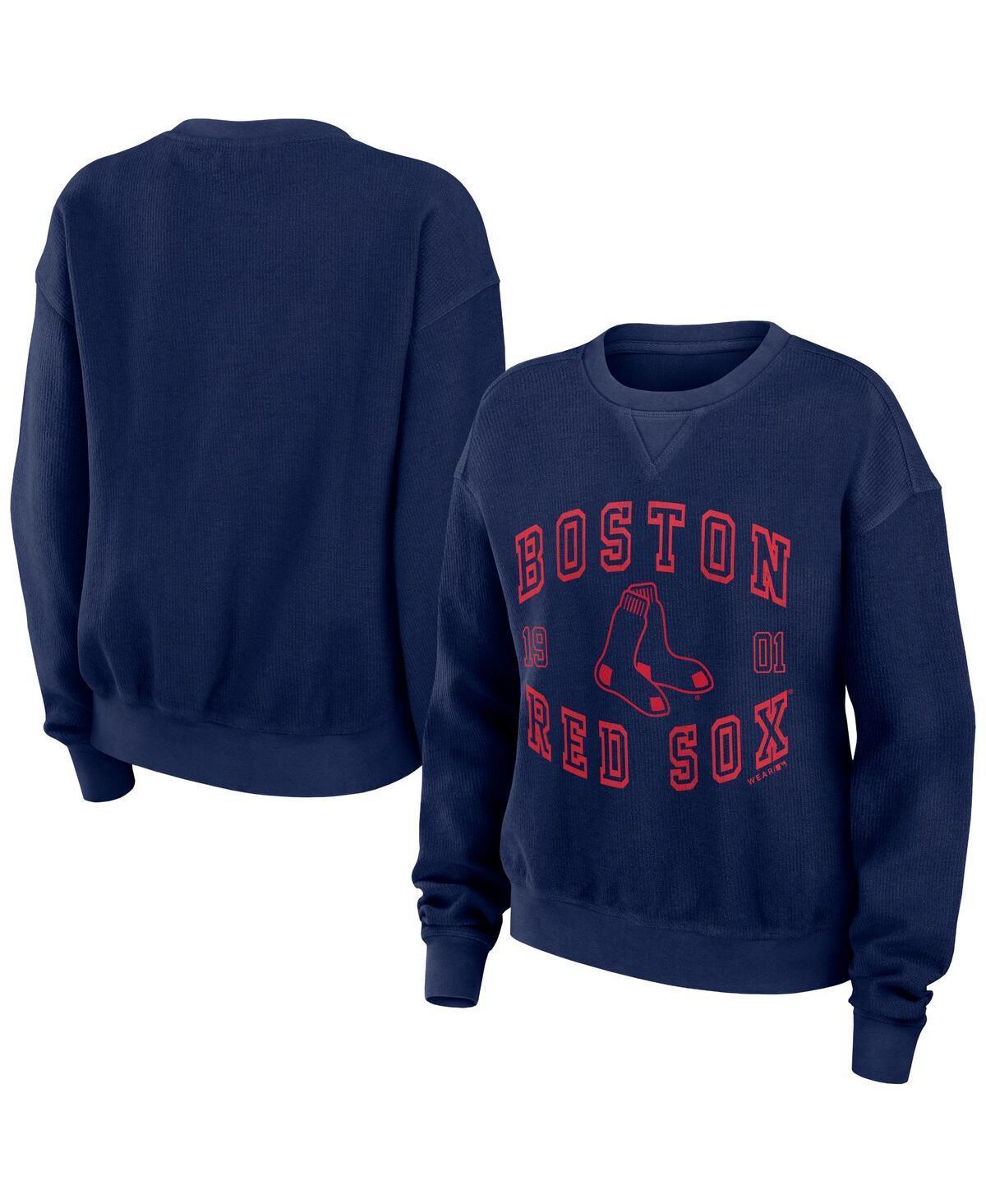 Womens Wear by Erin Andrews Navy Distressed Boston Red Sox Vintage-Like Cord Pullover Sweatshirt Product Image