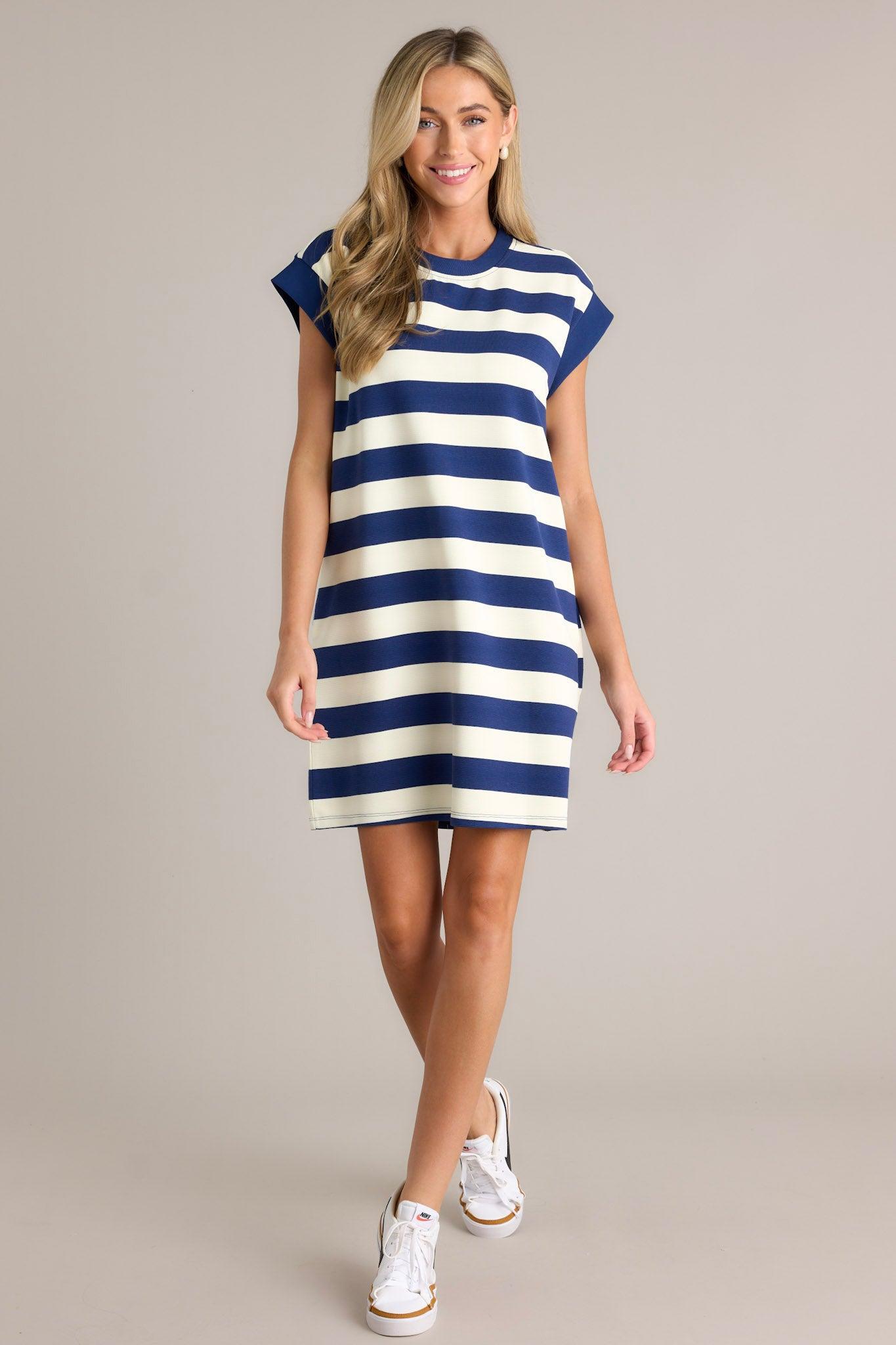 Harmony Horizon Navy Stripe Cap Sleeve Mini Dress Product Image