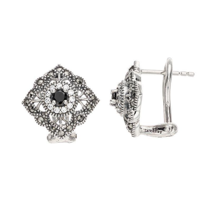 Lavish by TJM Sterling Silver Black Spinel, Marcasite & Cubic Zirconia Accent Omega Earrings, Womens Product Image