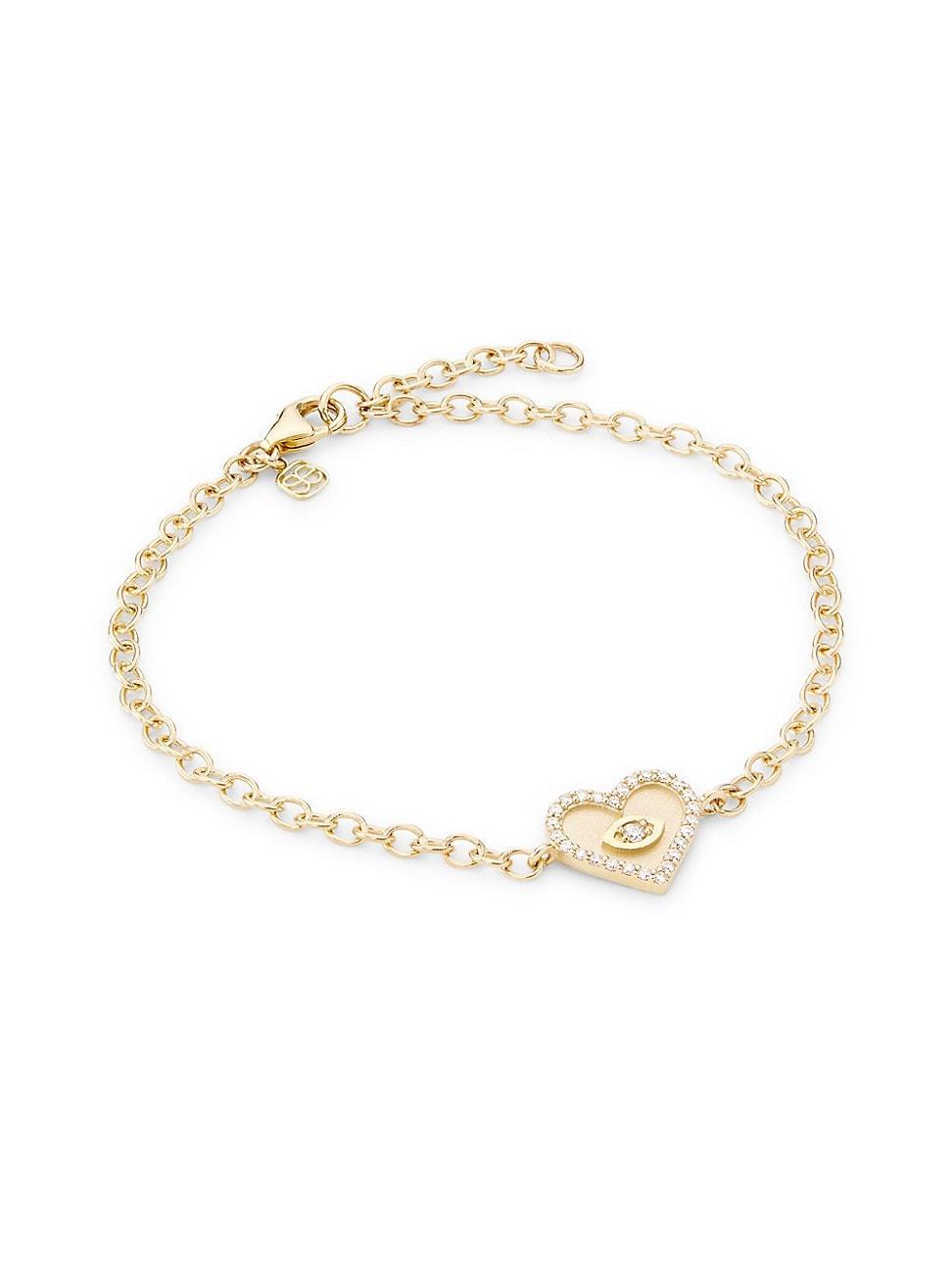 14K Yellow Gold & Diamond Small Evil-Eye Heart Charm Bracelet Product Image