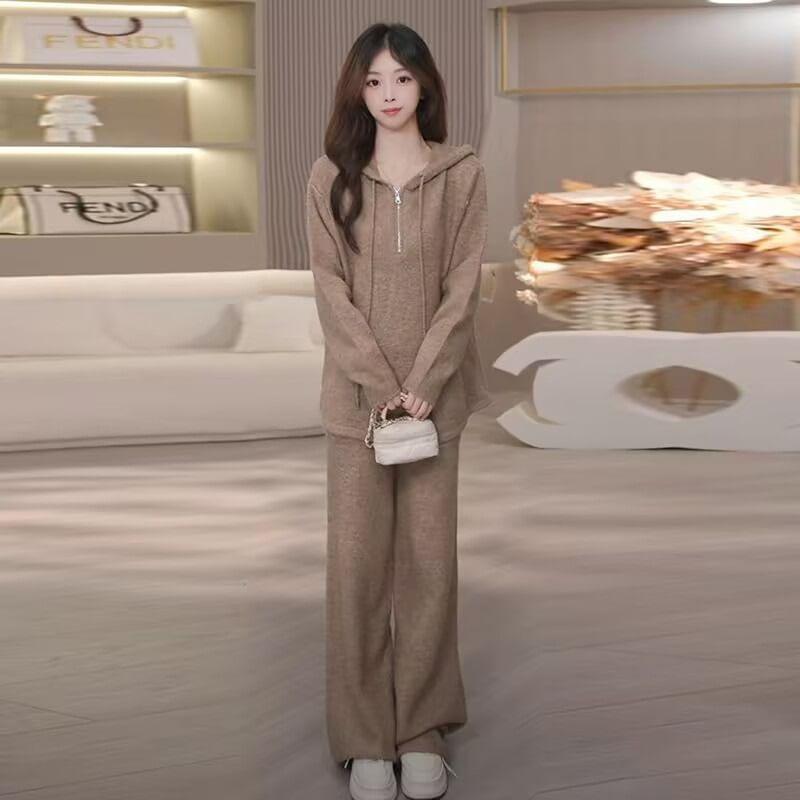 Set: Long-Sleeve Hooded Half Zip Plain Tee + Drawstring Waist Plain Wide Leg Pants Product Image