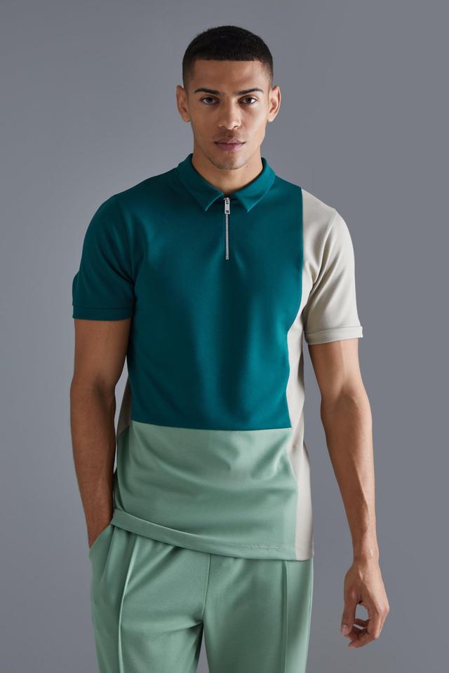 Mens Green Slim Colour Block 1/4 Zip Short Sleeve Polo, Green Product Image