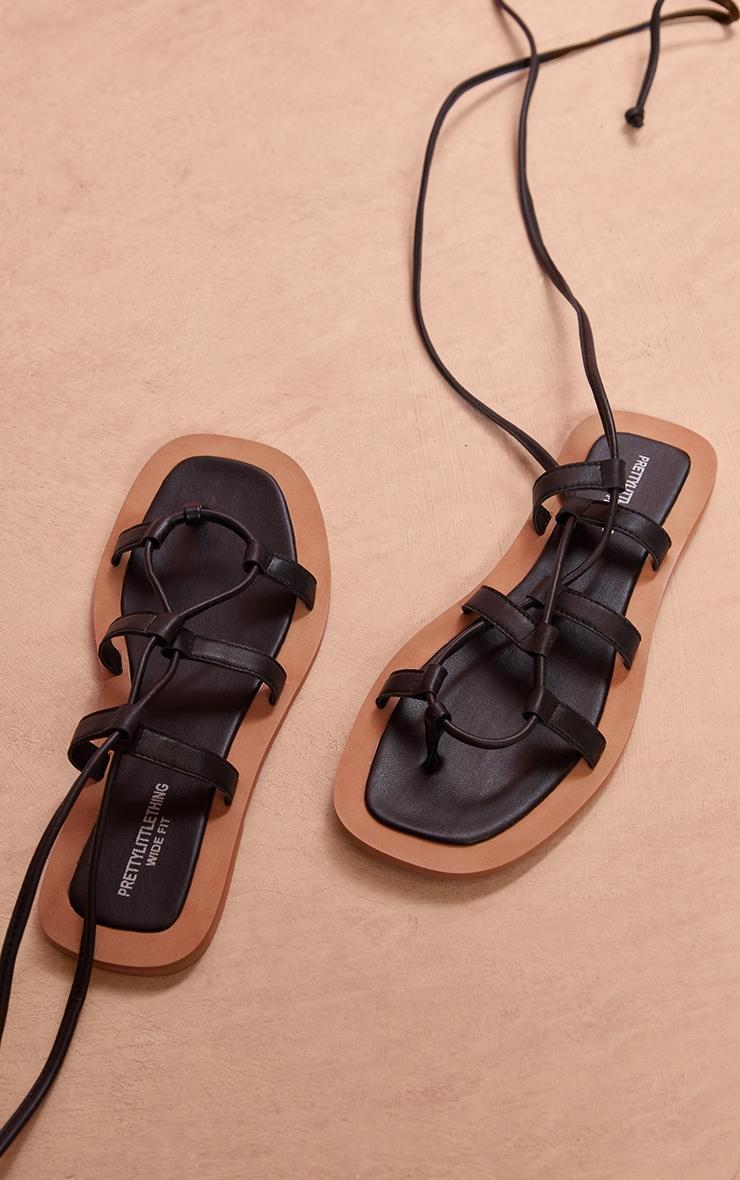 Black Wide Fit Real Leather Round Toe Lace Up Flat Sandals Product Image