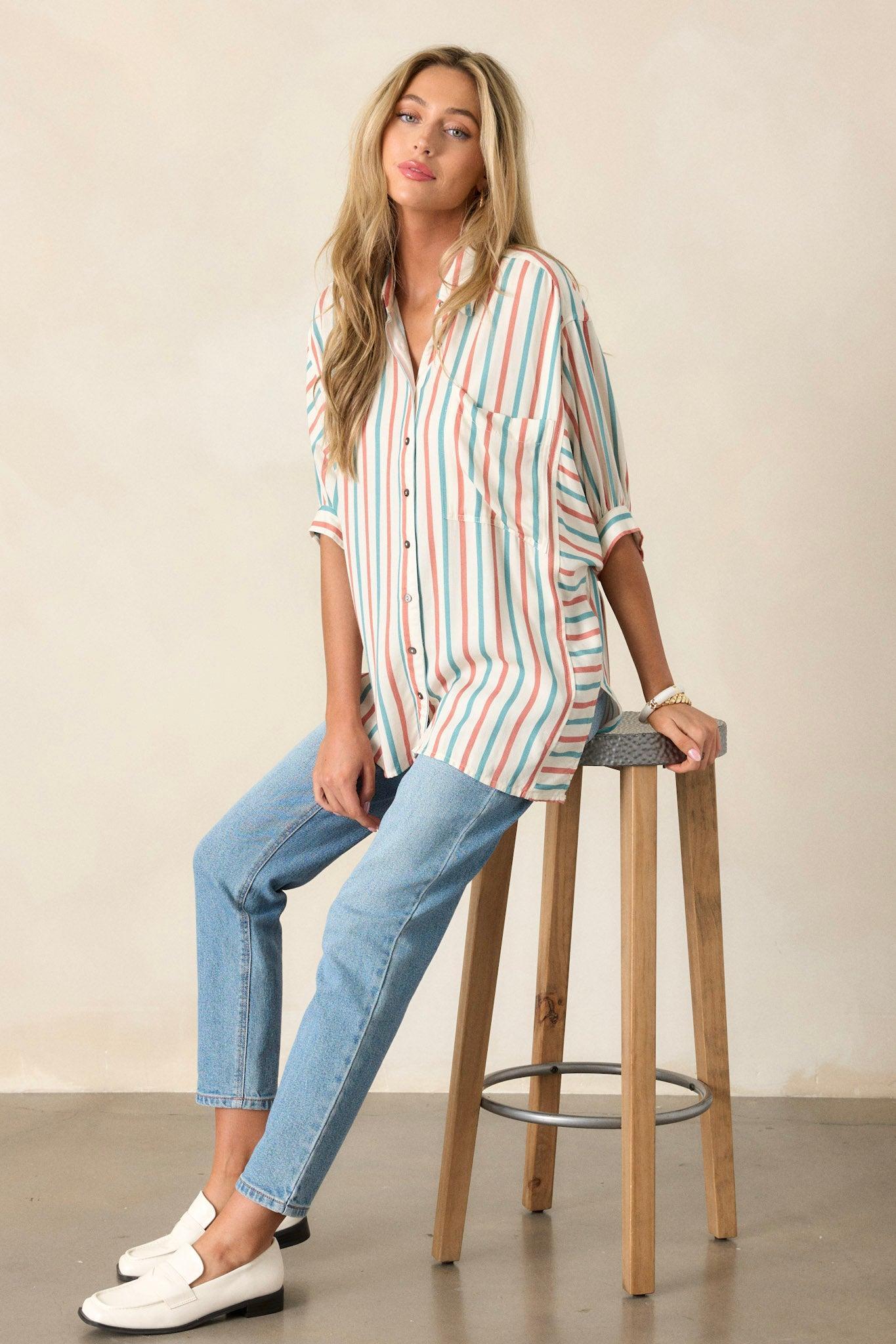 Dream Weaver Ivory Button Front Stripe Collared Shirt Product Image