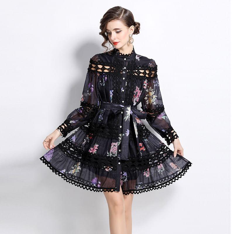 Long-Sleeve Band Collar Floral Cutout Button A-Line Dress Product Image