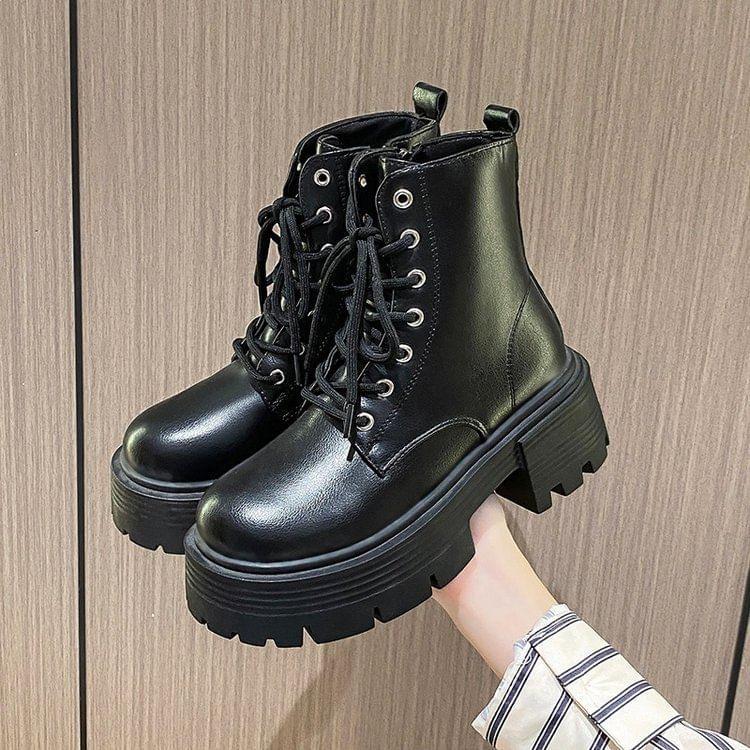 Faux Leather Platform Lace-Up Short Boots Product Image