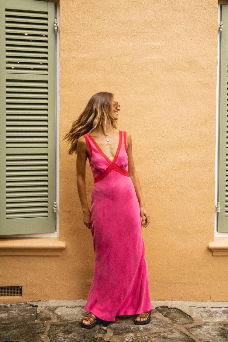 Meet Me On The Dance Floor Bias Cut Maxi Dress Fuchsia Product Image