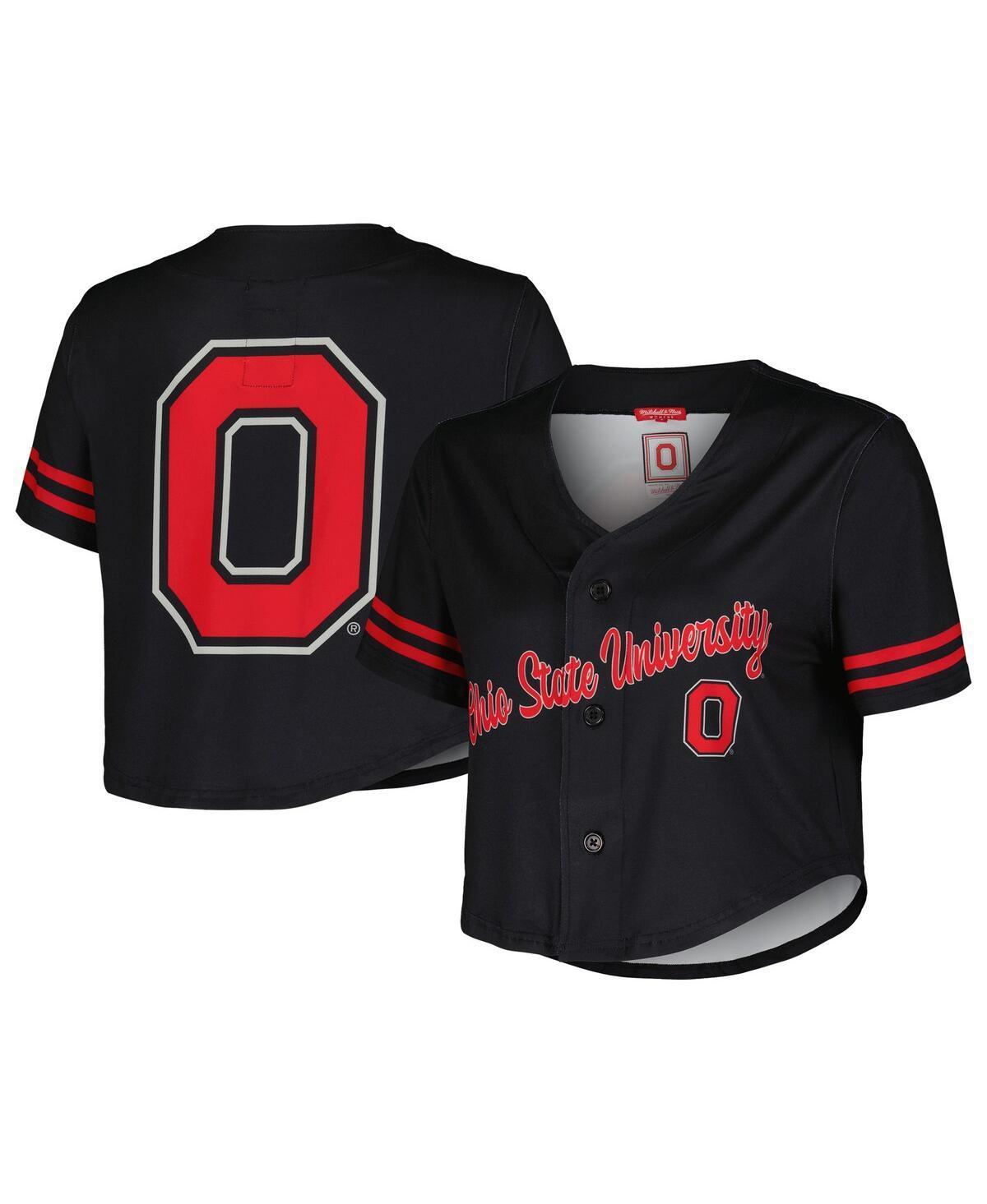 Womens Mitchell & Ness Black Ohio State Buckeyes Vault Cropped V-Neck Button-Up Shirt Product Image