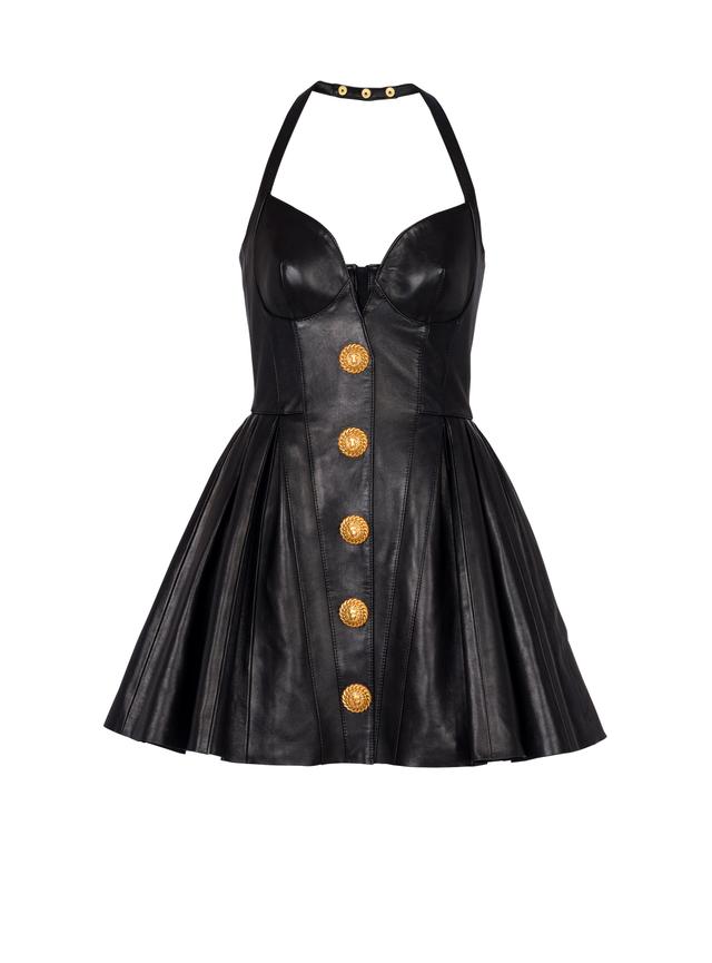 Flared pleated halterneck dress in leather Product Image