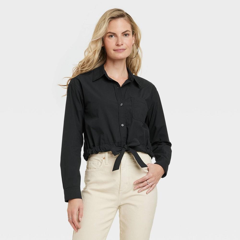 Womens Long Sleeve Collared Button-Down Shirt - Universal Thread Black L Product Image