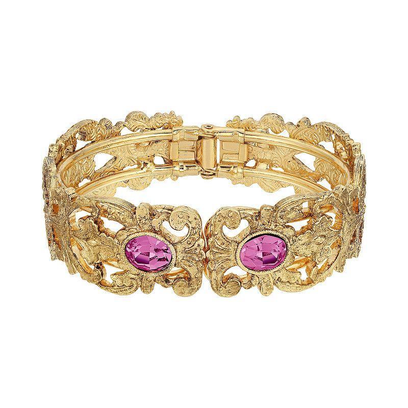 1928 Gold Tone Simulated Crystal Filigree Cuff Bracelet, Womens, Pink Product Image