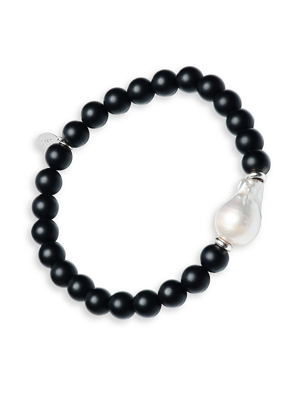 Mens Black Onyx Beaded Bracelet with Pearl Center Product Image