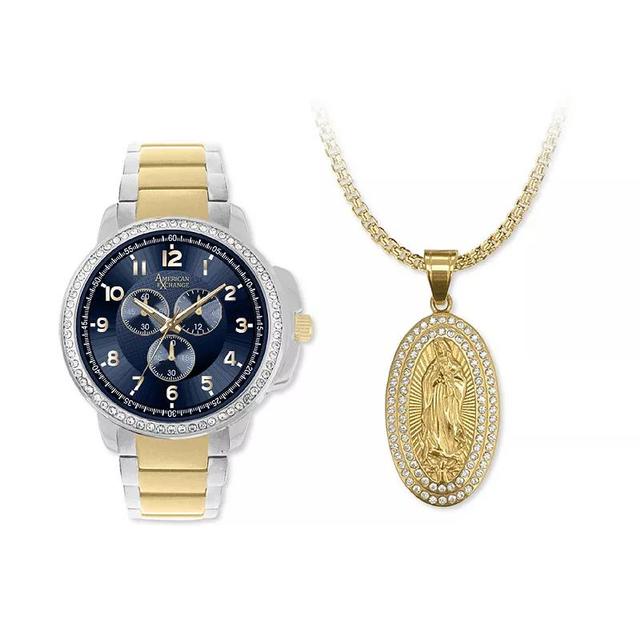 American Exchange mens Two Tone Metal Alloy Watch & Holy Mary Pendant Necklace Set Gold Silver Product Image