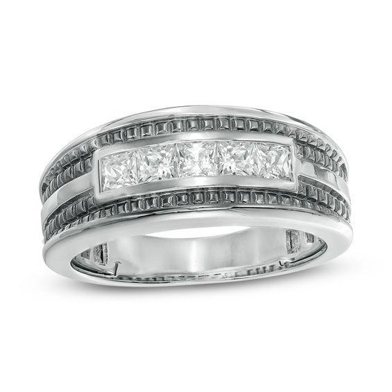 Men's 1 CT. T.w. Square-Cut Diamond Five Stone Wedding Band in 14K White Gold with Black Rhodium Product Image