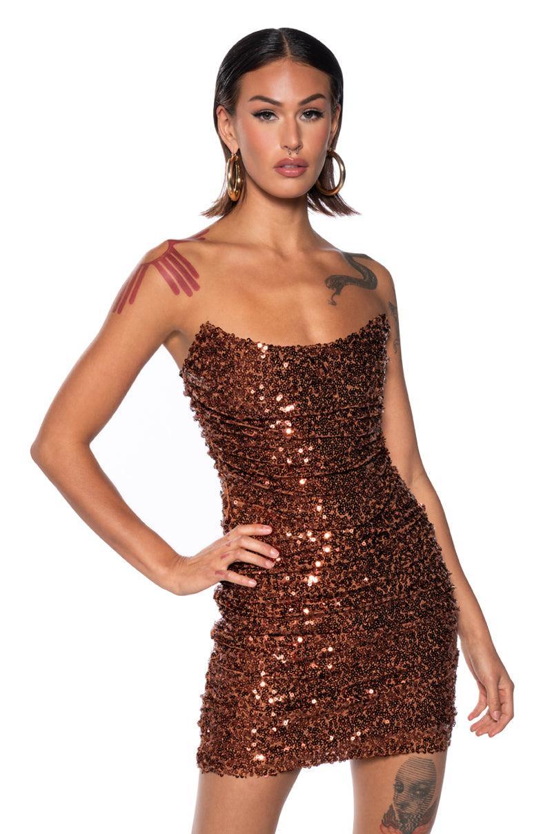 MAYA SEQUIN STRAPLESS MINI DRESS IN BROWN Product Image