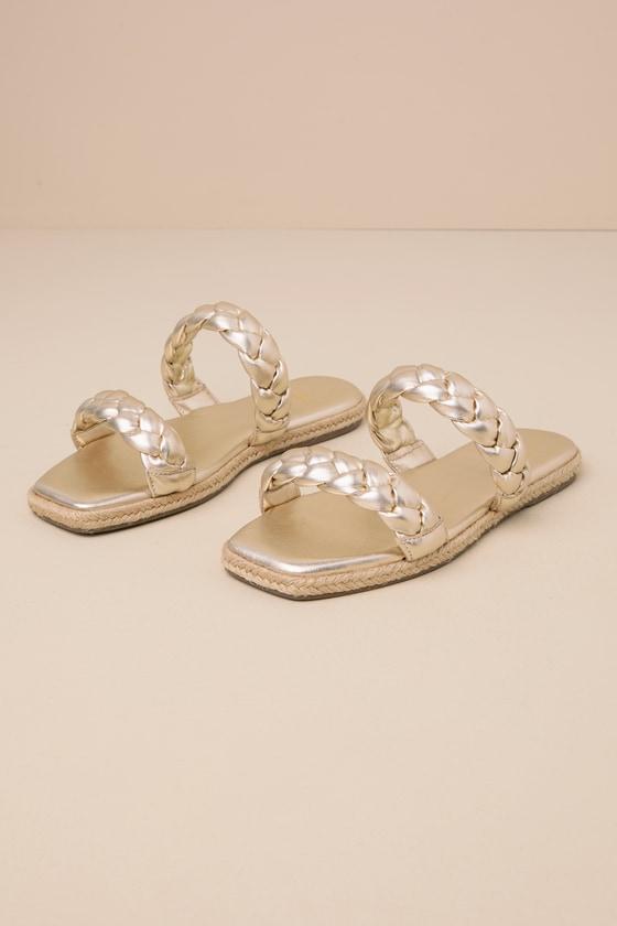 Kennmar Soft Gold Leather Braided Espadrille Slide Sandals Product Image