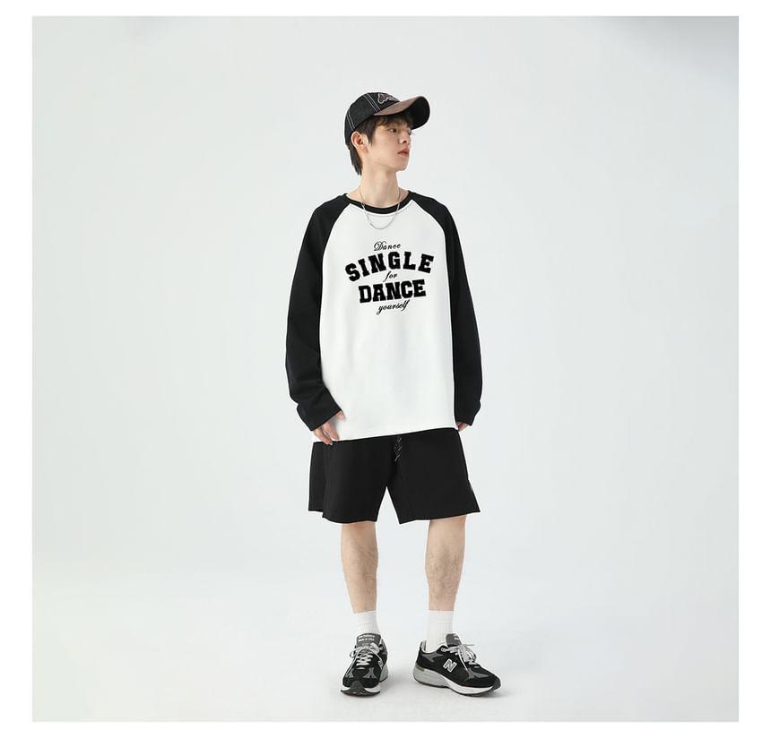 Long-Sleeve Crew Neck Lettering Print Raglan T-Shirt Product Image