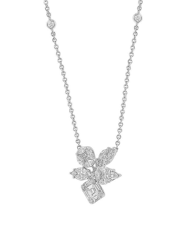 Womens 14K White Gold & 1.35 TCW Diamond Cluster Pendant Necklace Product Image