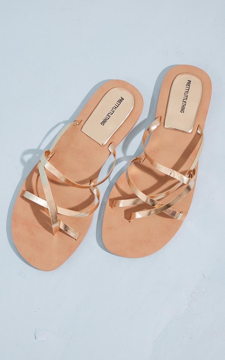 Gold Real Leather Round Toe Four Cross Over Straps Flat Sandals Product Image