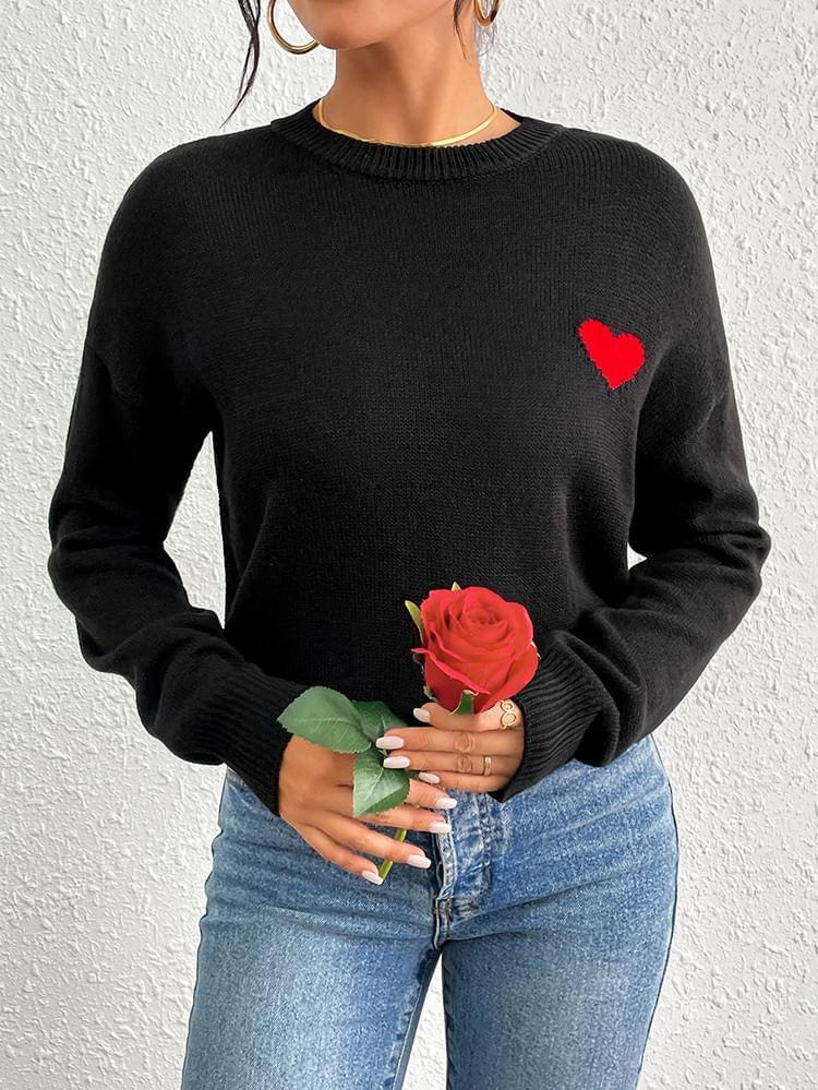 Long-Sleeve Crewneck Heart Jacquard Knit Top Product Image