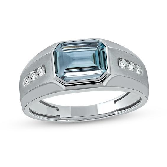 Men's Sideways Octagonal Simulated Aquamarine and White Lab-Created Sapphire Tri-Sides Channel Band in Sterling Silver Product Image