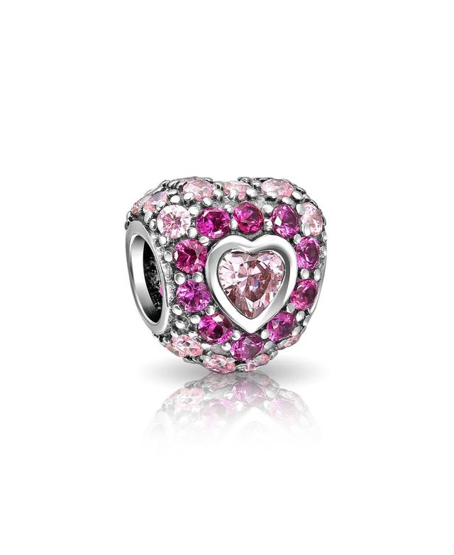 Bling Jewelry Hot Pink Fuchsia Cubic Zirconia Cz Pave Heart Charm Bead For Women Sterling Silver For European Bracelet Product Image