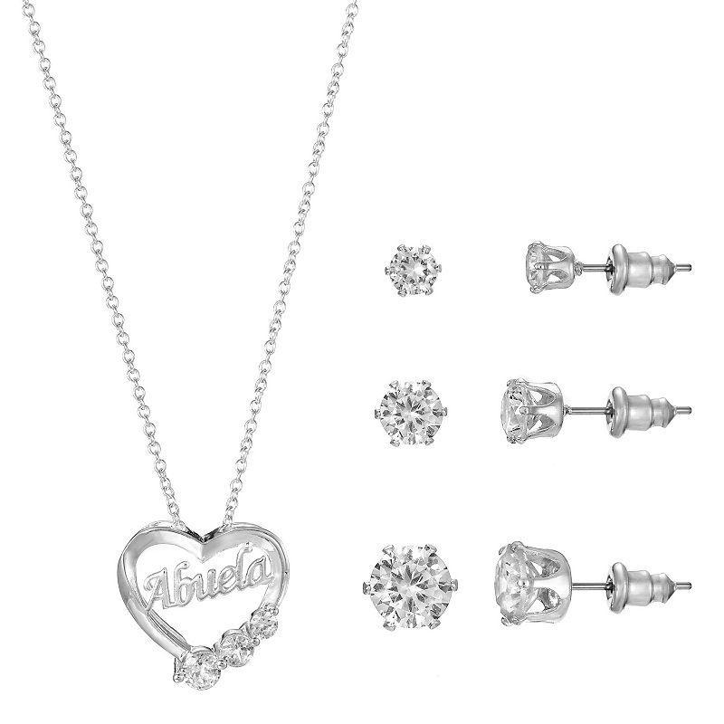 Primavera Silver Plated Cubic Zirconia Abuela Heart Pendant & Earring Trio Set, Womens Silver Tone Product Image