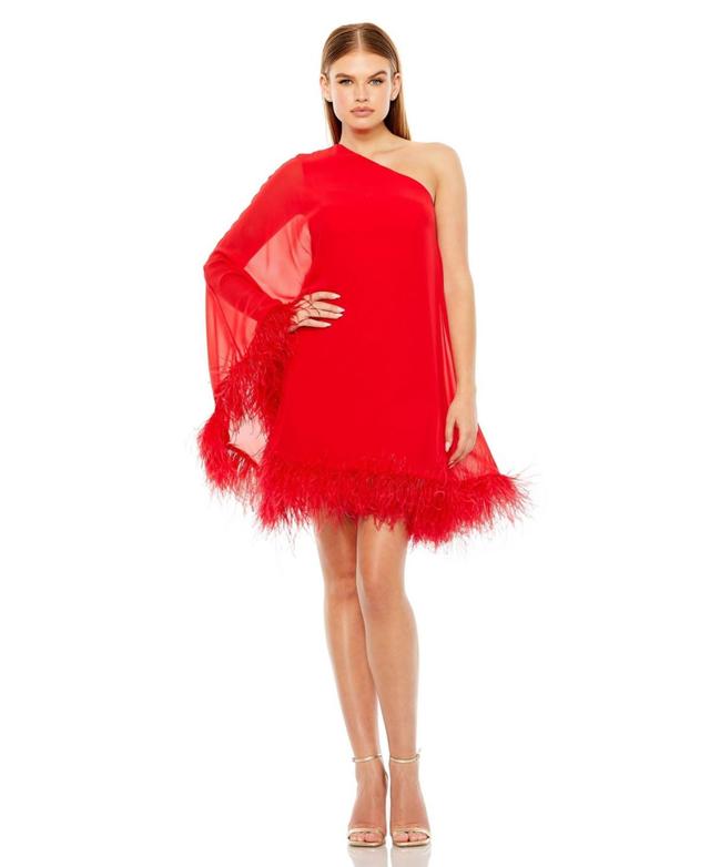 Mac Duggal One Shoulder Long Sleeve Feather Trim Shift Dress Product Image