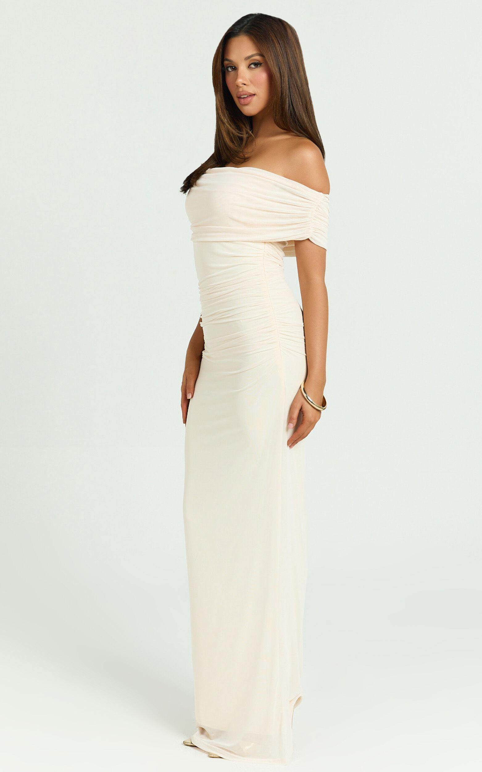 Caterina Maxi - Ruched Off Shoulder Mesh Dress in Off White Product Image