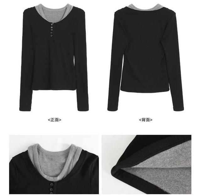 Long Sleeve Henley Mock Two Piece T-Shirt Product Image