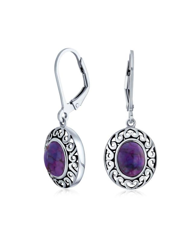 Bling Jewelry Western Style 3CT Oval Stabilized Purple Turquoise Bezel Dangle Lever Back Earrings For Women .925 Sterling Silver Product Image