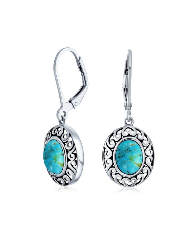 Bling Jewelry Western Style 3.2CT Stabilized Turquoise Dome Oval Bezel Set Lever Back Dangle Earrings For Women .925 Sterling Silver - Aqua turquoise Product Image