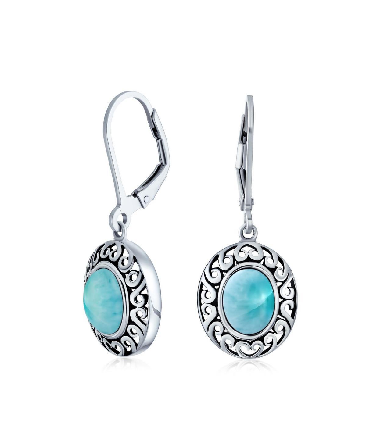 Bling Jewelry Western Style 3.2CT Natural Light Blue Larimer Dome Oval Bezel Set Lever Back Dangle Earrings For Women .925 Sterling Silver - Blue lari Product Image